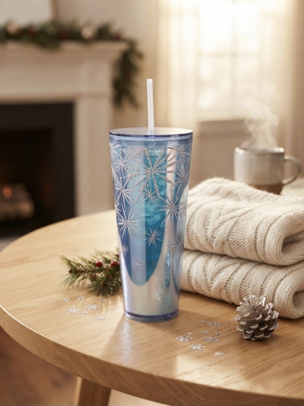 Starbucks Iridescent Blue Snowflake Tumbler with Straw